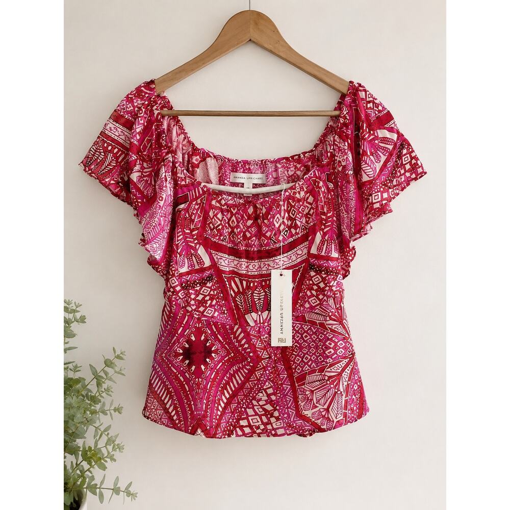 Amanda Uprichard Silk Delilah Top Pink Red Scarf Print Ruffle Blouse Small
